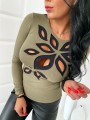 Bluzka damska zdobiona z długim rękawem liście, łezki, kwiaty B-279