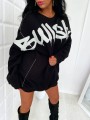 Czarna bluza oversize, dluga bluza damska – luźna z nadrukiem dużym białym ,bullshit, długi fason, bawełna, sukienka sportowa  LipMar