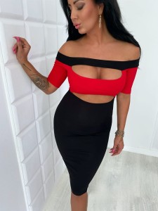 PROMOCJA  M  Sukienka ołówkowa odkryte ramiona z dekoltem krótki rękawek 