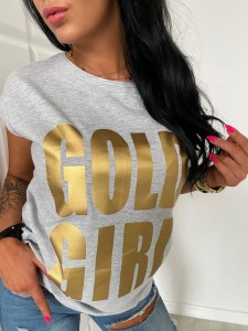 Wyprzedaż S lub M SZARY T-shirt ze złotym nadrukiem GOLD GIRL 