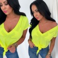 t-shirt  damski v-dekolt gwiazdy luźny wiązany żółty neon krótki rękaw