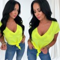 t-shirt  damski v-dekolt gwiazdy luźny wiązany żółty neon krótki rękaw