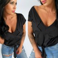 t-shirt  damski v-dekolt gwiazdy luźny wiązany czarny krótki rękaw