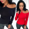 Bluzka damska z długim rękawem czarna czerwona wiązana na szyi z odkrytymi ramionami