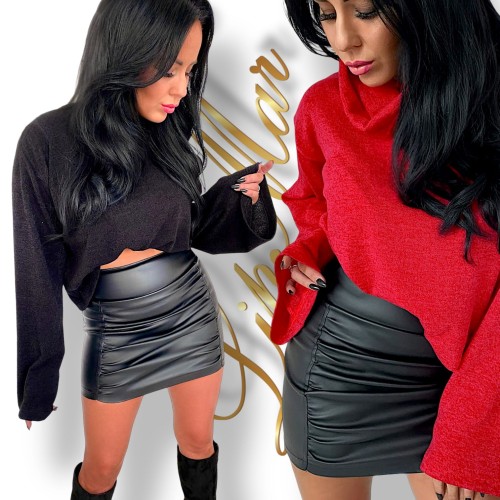 Spódnica damska elastyczna czarna z eko skóry marszczoną na szerokim pasku