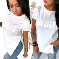 T-shirt damski z nadrukiem WHITE – bawełniana koszulka basic. długa z rozcięciami