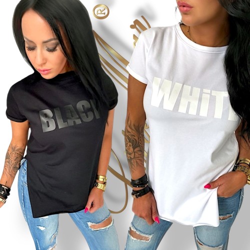 T-shirt damski z nadrukiem BLACK i WHITE – bawełniana koszulka basic