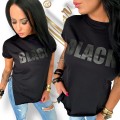 T-shirt damski z nadrukiem BLACK – bawełniana koszulka basic. długa z rozcięciami