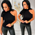 Czarna bluzka asymetryczna z jednym rękawem i półgolfem – elegancka one shoulder S-XL